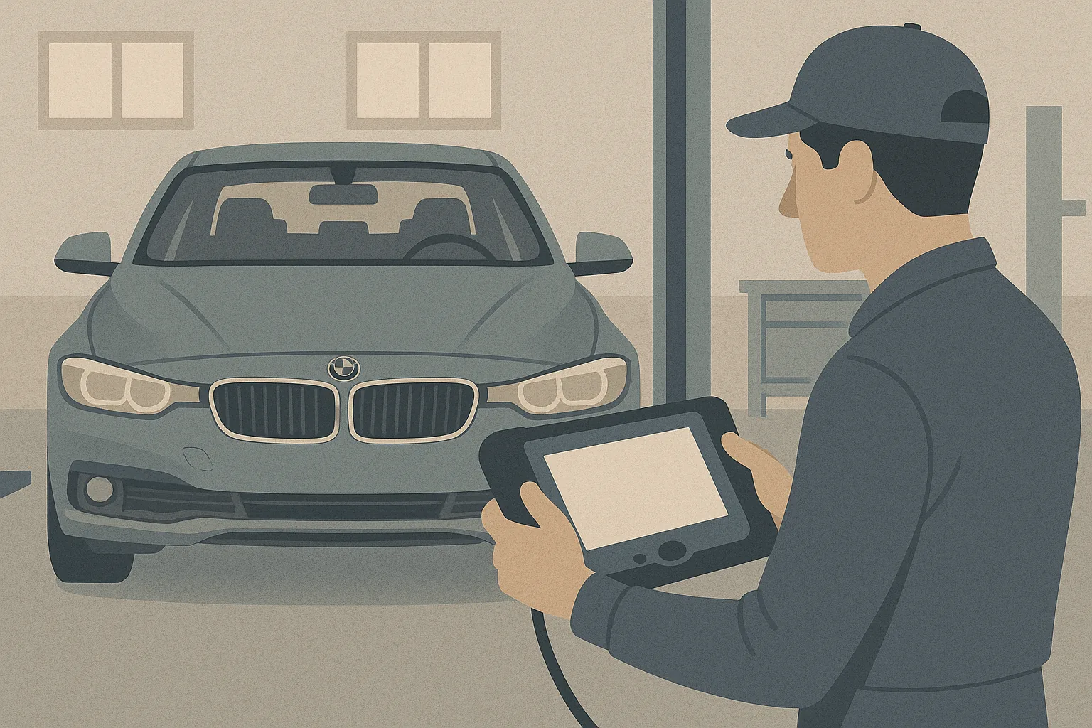 Illustration of a technician using a dealer-level scan tool on a used BMW during a pre-purchase inspection at an independent shop in Hermosa Beach