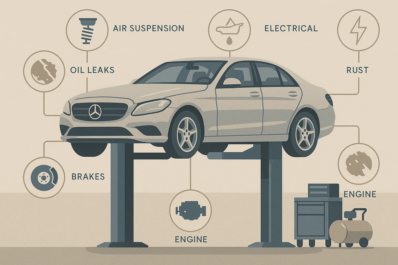 Illustration of a Mercedes-Benz on a lift with six common problem areas labeled: air suspension, oil leaks, electrical, rust, brakes, and engine