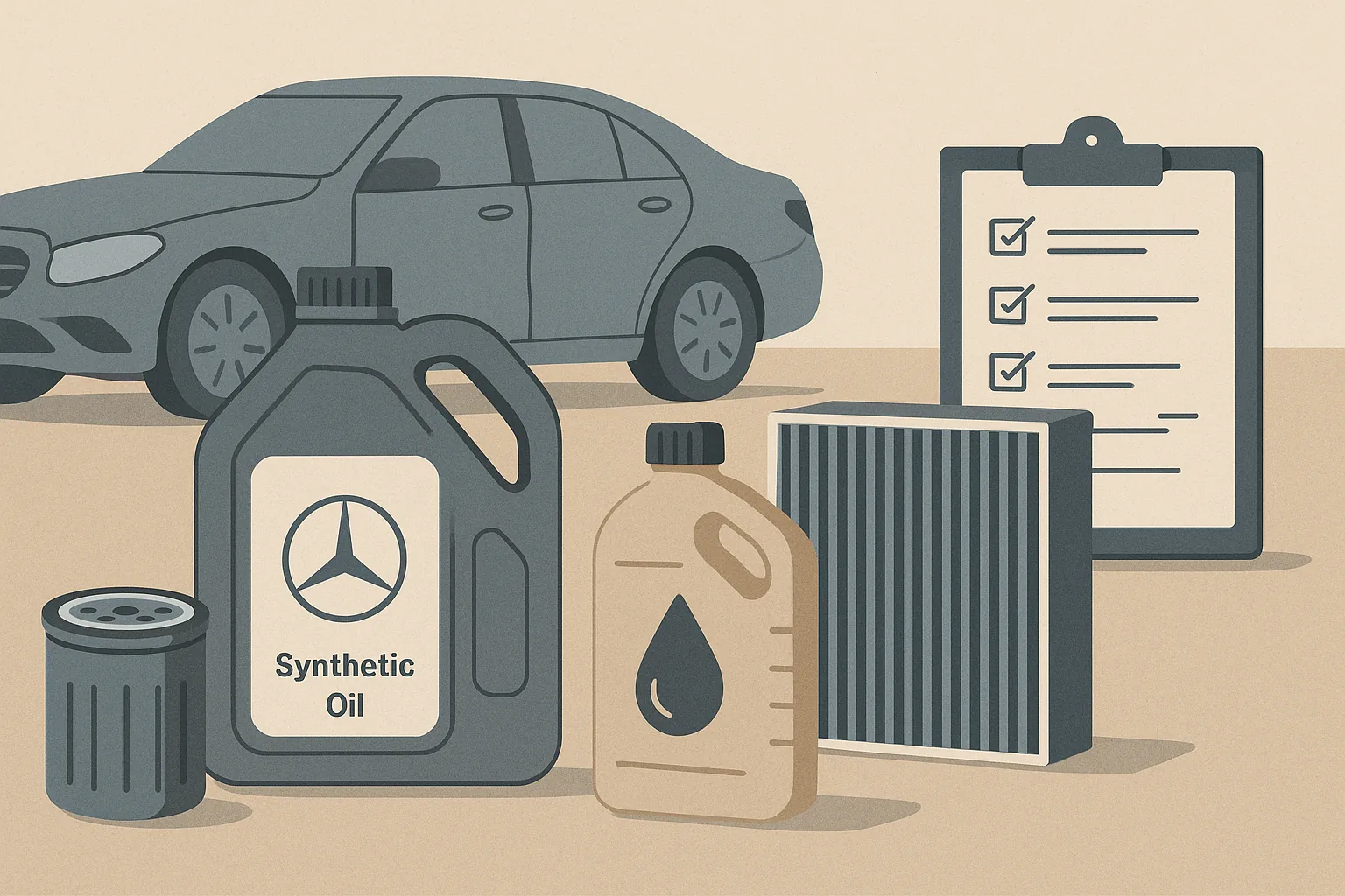 Illustration of the items covered in a Mercedes-Benz Service B, including synthetic oil and filter, brake-fluid flush, cabin filter, and a multi-point inspection