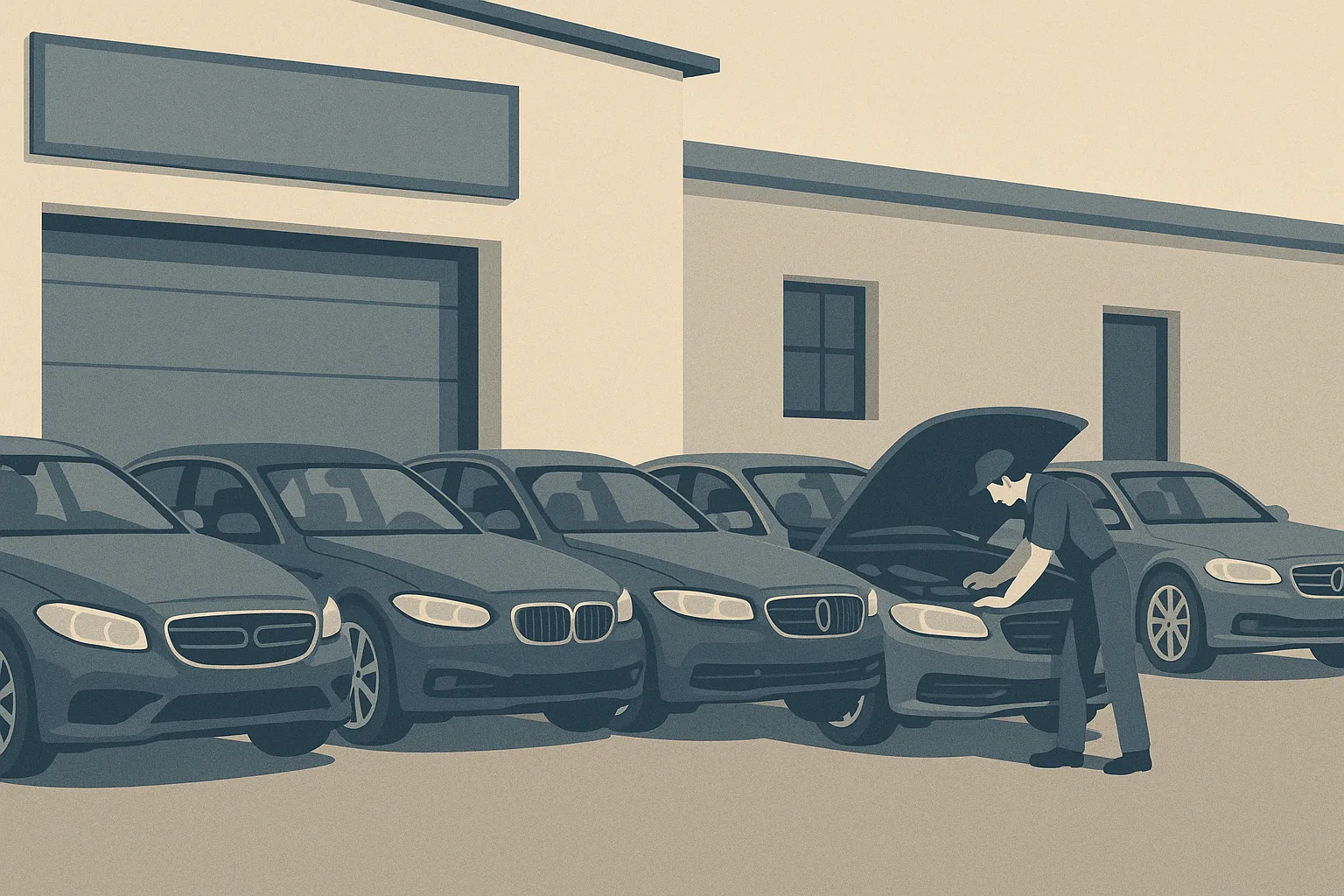 Illustration of five reliable luxury car models lined up outside an independent European auto repair shop, with a technician inspecting one under the hood
